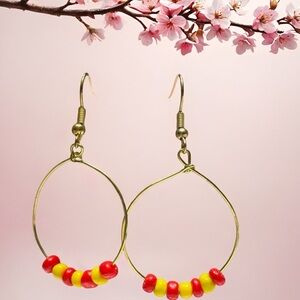 Gold Handcrafted Hoop Earrings with Red and Yellow Beads